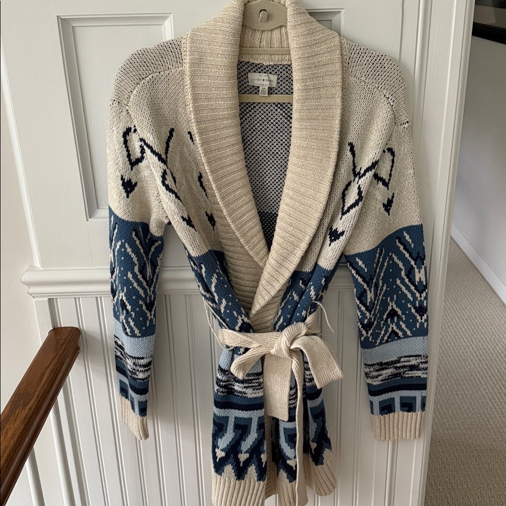 Lucky Brand Beige and Blue Cardigan Sweater ski small